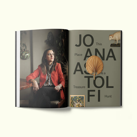 An interior spread of Fare magazine's Lisbon, Portugal city guide, featuring a photograph of artist and architect Joana Astolfi in her apartment