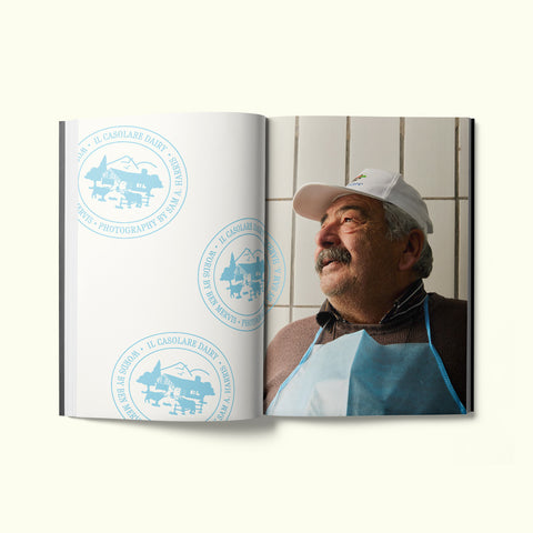 An interior spread of Fare magazine's Naples, Italy city guide, featuring photographs by Sam A. Harris of Mimmo La Vecchia, owner of Il Casolare Dairy