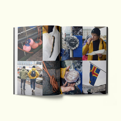 An interior spread of Fare magazine's Helsinki city guide, featuring eight photographs of the fish market in Helsinki, Finland