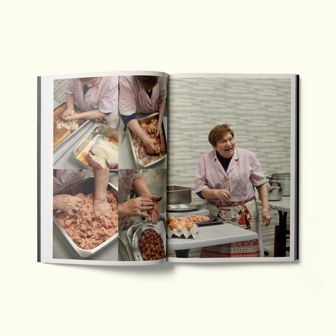 An interior spread of Fare magazine's Naples, Italy city guide, featuring photographs by Sam A. Harris of a woman making homemade meatballs at restaurant Cibi Cotti Nonna Anna