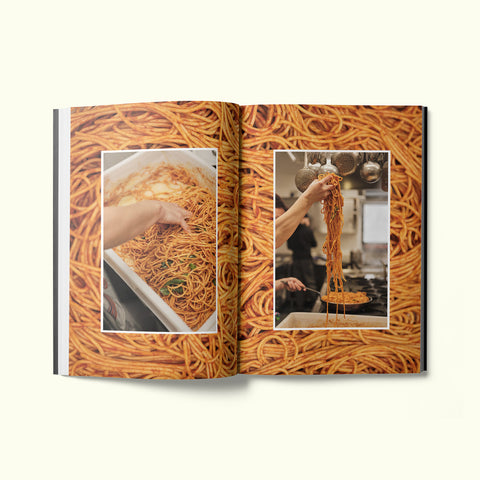 An interior spread of Fare magazine's Naples, Italy city guide, featuring photographs by Liz Seabrook of chef Marianna Vitale making pasta frittata at her restaurant Mar Limone