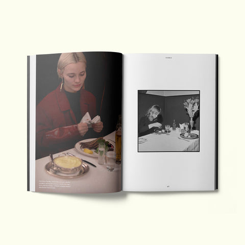 An interior spread of Fare magazine's Helsinki city guide, featuring a photograph of a woman eating at Kosmos restaurant in 2017, next to an archival black and white photo of a women from 1971