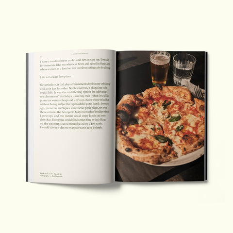An interior spread of Fare magazine's Naples, Italy city guide, featuring a photograph of Neapolitan pizza by Liz Seabrook