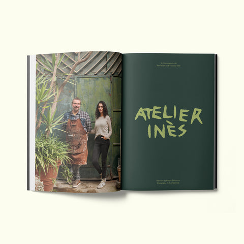 An interior spread of Fare magazine's Naples, Italy city guide, featuring photographs by Liz Seabrook of artists Inès Sellami and Vincenzo Oste outside their studio