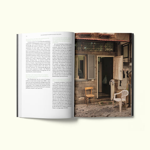 An interior spread of Fare magazine's Naples, Italy city guide, featuring an interview with art curator Giulia Pollicita