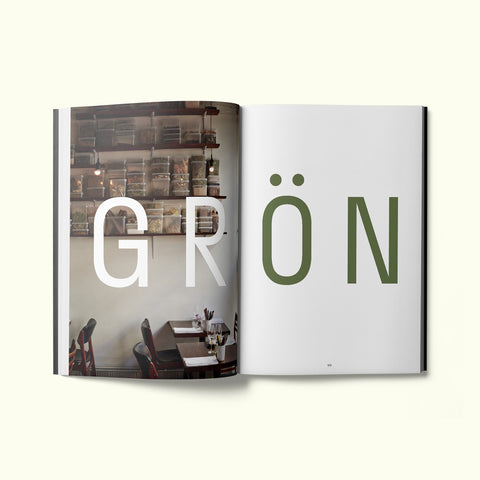 An interior spread of Fare magazine's Helsinki city guide, featuring a photograph of Grön restaurant in Helsinki, Finland