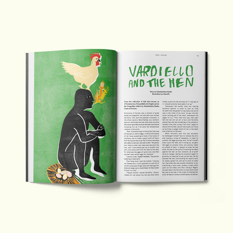 An interior spread of Fare magazine's Naples, Italy city guide, featuring an illustration by Ottoeffe of the folk tale Vardiello and the Hen