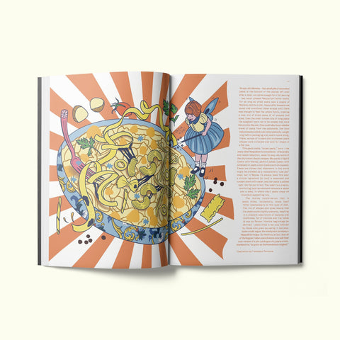 An interior spread of Fare magazine's Naples city guide, featuring an illustration of pasta mista by Francesca Pannone