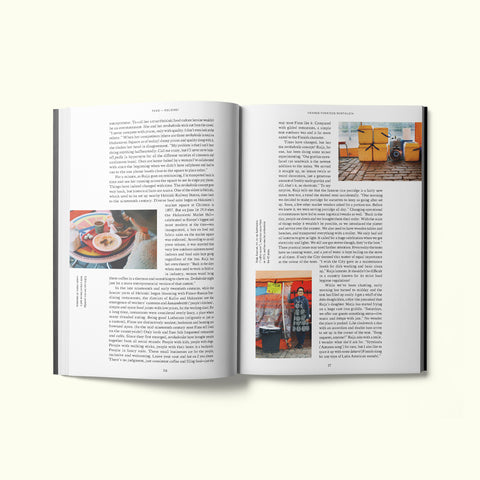 An interior spread of Fare magazine's Helsinki city guide, featuring photographs of the traditional orange tents of the Helsinki's market squares