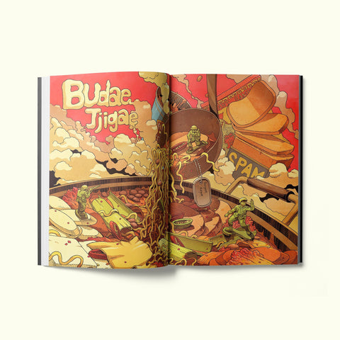 An interior spread of Fare magazine's Seoul city guide, featuring an illustration of budae jjigae (army base stew) by Mr. Misang