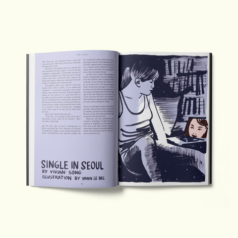 An interior spread of Fare magazine's Seoul, South Korea city guide, featuring an illustration of a single woman by Yann Le Bec and an article entitled "Single in Seoul" by Vivian Song