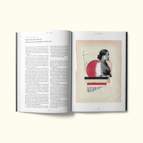 An interior spread of Fare magazine's Seoul, South Korea city guide, featuring a collage by Matthew Hancock and an article about the Japanese invasion of Seoul by Ben Mervis