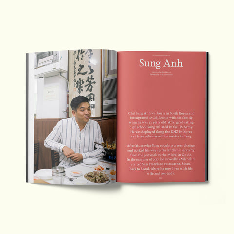 An interior spread of Fare magazine's Seoul, South Korea city guide, featuring a photograph of chef Sung Anh