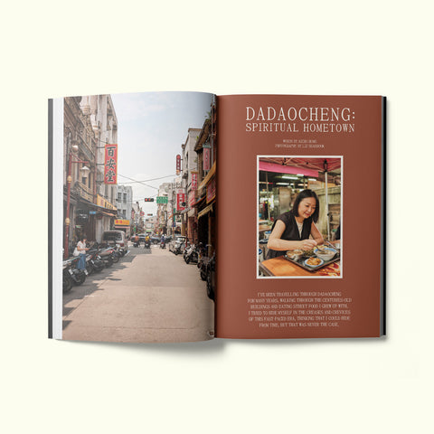 An interior spread of Fare magazine's city guide to Taipei, featuring photographs by Liz Seabrook of the streets of Dadaocheng and a portrait of Aichu Hung eating street food
