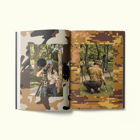 An interior spread of Fare magazine's city guide to Taipei, featuring photographs by Liz Seabrook of birdwatchers taking pictures while wearing camouflage in Da'an Park