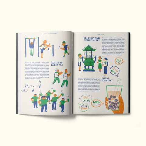 The Crash Course page of Fare magazine's city guide to Taipei, featuring illustrations by Pei-Hsiu Chen of bubble tea, and locals exercising and praying