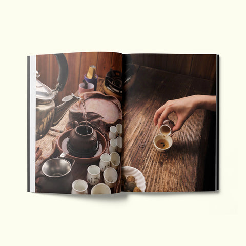 An interior spread of Fare magazine's city guide to Taipei, featuring photographs by Liz Seabrook of a tea ceremony at Mei-Jia Tea Garden