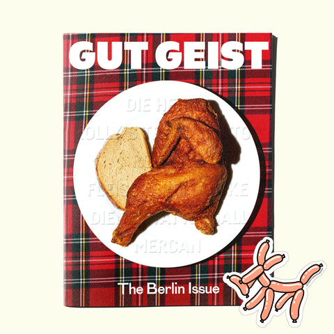 The cover of Fare's Gut Geist magazine featuring a photo by Sam A. Harris of a plate of fried chicken, and a hotdog sticker illustrated by Christoph Niemann
